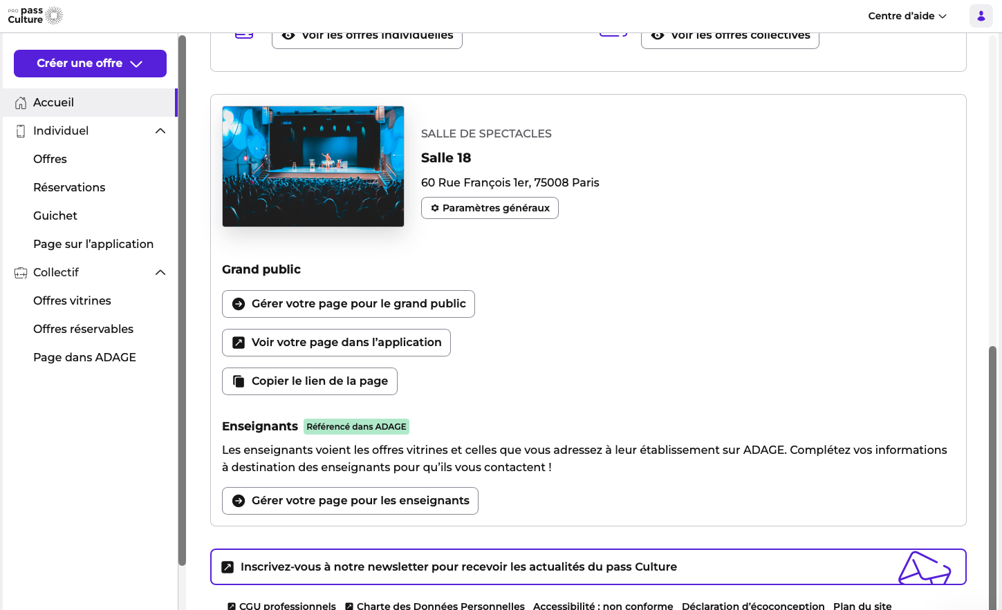 Page d'accueil de la structure dans Pass Culture pro