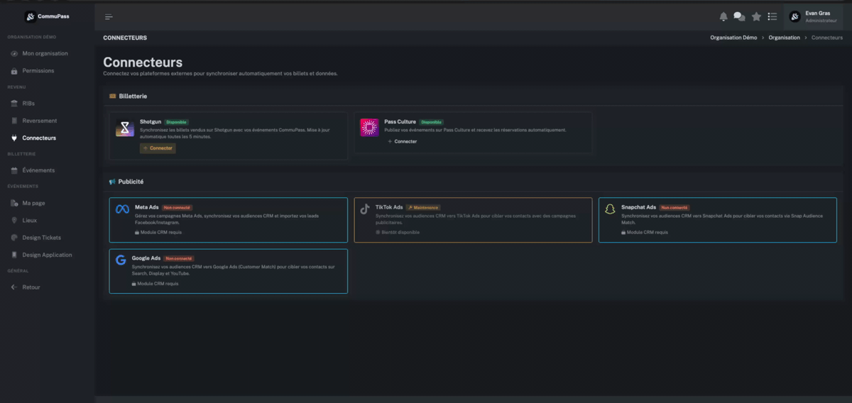 Connexion du connecteur Pass Culture dans l'extranet CommuPass